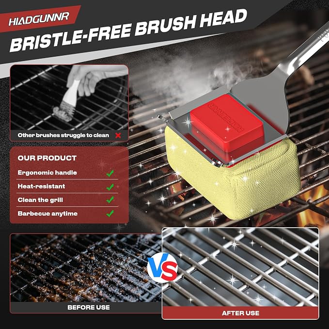 Grill Brush Bristle Free with Collapsible Bucket, BBQ Grill Cleaning Brush for Outdoor with Replaceable Head and Scraper, Safe Non-Metallic Bristles for Cast Iron or Stainless-Steel Grill Tools