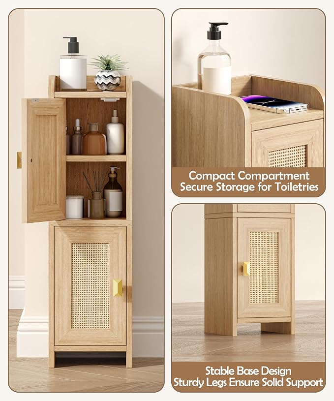 Akxomel Rattan Small Bathroom Cabinet Narrow Toilet Paper Organizer Oak | 7.9''D x 7.9''W Bathroom Organizer and Storage Cabinet for Small Space, Slim Corner Unit with Adjustable Shelf