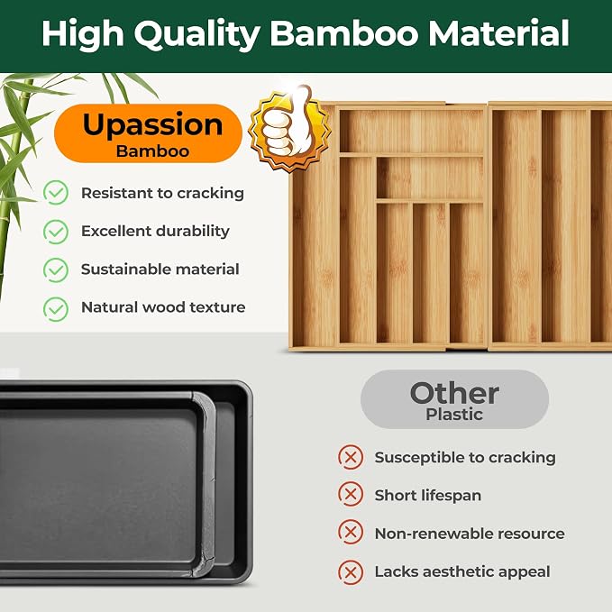 Large Silverware Organizer, 11 Slots Magnetic Connected Expandable Acacia Wood Utensil Drawer Organizer From 21 to 37.4 Inches, Adjustable Flatware and Cutlery Holder, Utensil Tray for Kitchen
