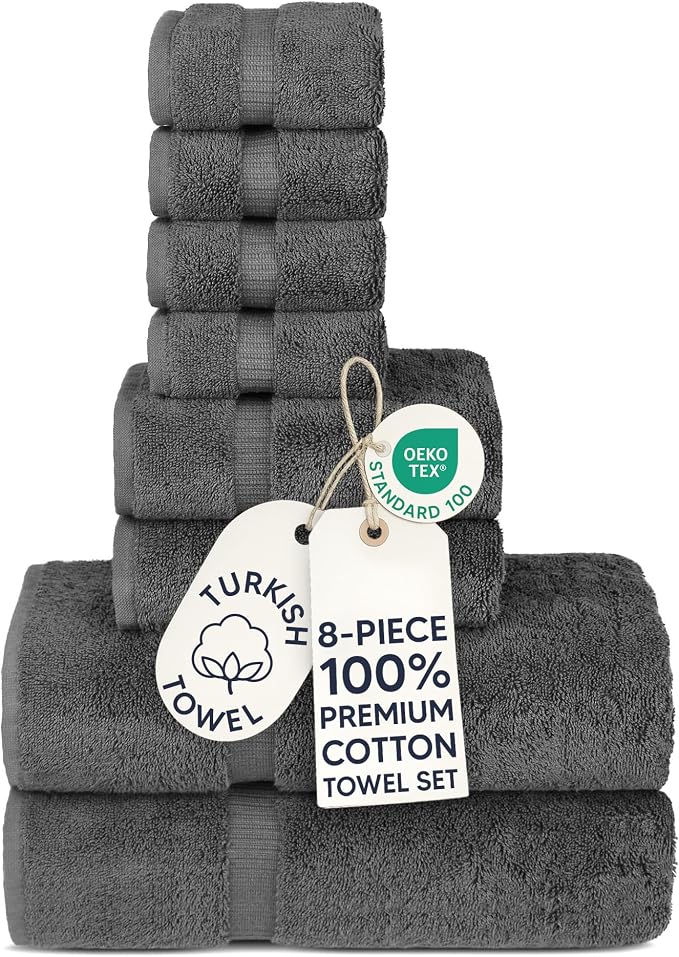 Chakir Turkish Linens Set of 8 Towel Set, 100% Cotton Luxury Turkish Towels for Bathroom, Soft Absorbent Bath Towel Set with 2 Bath Towels 2 Hand Towels 4 Washcloths, Dark Gray