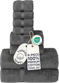 Chakir Turkish Linens Set of 8 Towel Set, 100% Cotton Luxury Turkish Towels for Bathroom, Soft Absorbent Bath Towel Set with 2 Bath Towels 2 Hand Towels 4 Washcloths, Dark Gray