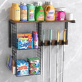 Housolution Broom Holder Wall Mount with Cleaning Supplies Organizer, 100 LBS High Load-Bearing Laundry Room Storage Shelves, Multifunctional Mop Hanger Rack with 2 Baskets, 4 Grippers & Hooks