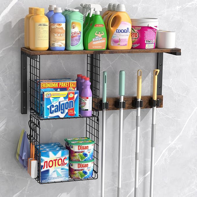 Housolution Broom Holder Wall Mount with Cleaning Supplies Organizer, 100 LBS High Load-Bearing Laundry Room Storage Shelves, Multifunctional Mop Hanger Rack with 2 Baskets, 4 Grippers & Hooks
