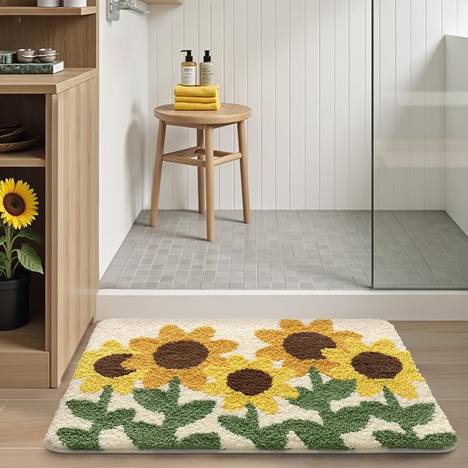 LUMI Bathroom Rug 20x32, Soft Absorbent Microfiber Bath Mats, Non-Slip Machine Wash Bath Mats for Bathroom, Shower and Bathtub Floor, Sunflower