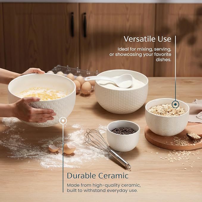 KooK Ceramic Mixing Bowls, Nesting Set of 4, Embossed Kitchen Dishware, Prep, Serving, Gift, Microwave and Dishwasher Safe, 20/44/98/145 oz, Narbonne Collection (Marshmallow)