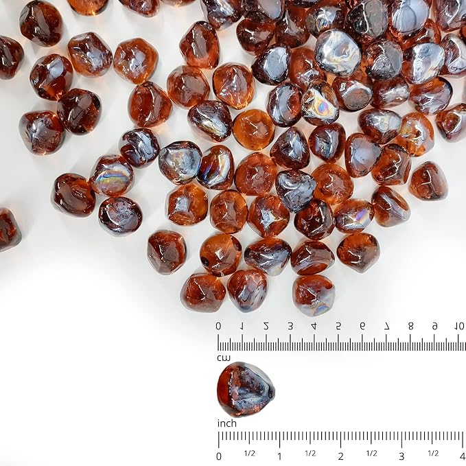 10 lbs Fire Pit Glass Diamonds,1/2 Inch Amber Fire Glass Rocks | Reflective,Glass Diamonds For Natural or Propane Fire Pit, Landscaping Rock Stones,Tempered，Fireplace