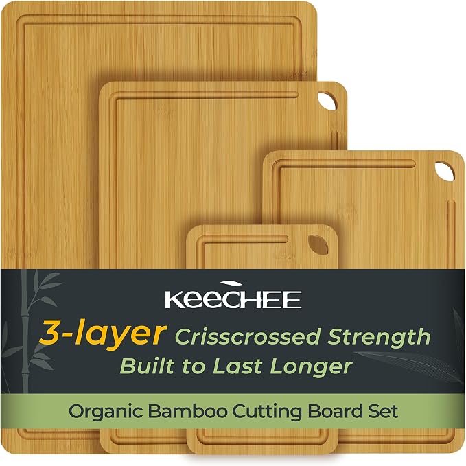 Keechee Natural Bamboo Cutting Board Set of 4, Wood Chopping Block Set | Deep juice grooves, built-in handles, four piece set for meat cutting, veggie prep and serving