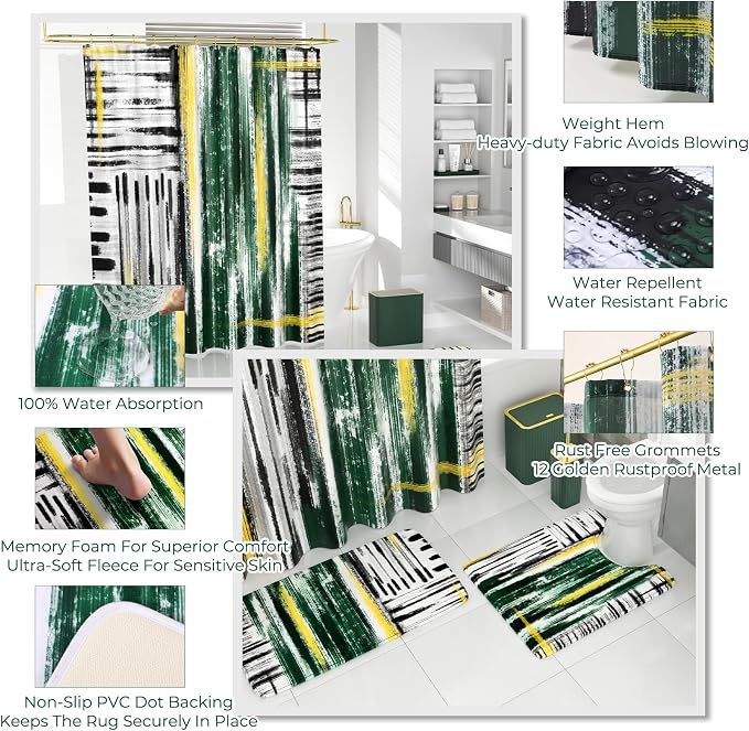 Bathroom Set - Bathroom Accessory Set, Dark Green Bathroom Set, 26PC Bathroom Sets with Shower Curtain and Rugs, Toilet Brush, Trash Can, Qtip Holder & Bathroom Soap Dispenser Set
