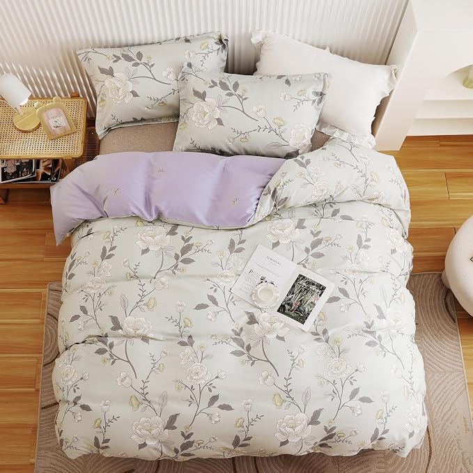 OAITE Duvet Cover King Size - 100% Cotton Comforter Cover Floral Duvet Cover Sets 3-PC, Breathable Duvet Cover with Zipper Closure & Corner Ties