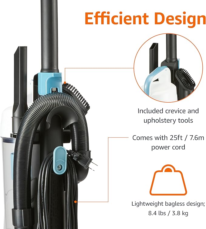 Amazon Basics Upright Bagless Vacuum Cleaner for Carpet and Hard Floors, Washable Filter, Crevice and Upholstery Tools, Detachable Handle, Lightweight, 1.7L Dust Cup, 25ft Cord, Black/White