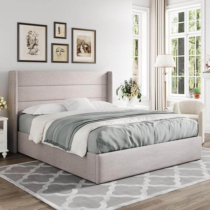 Allewie Full Size Lift Up Hydraulic Storage Bed Frame Light Beige | Modern Wingback Headboard, Hydraulic Support Storage, No Box Spring Needed