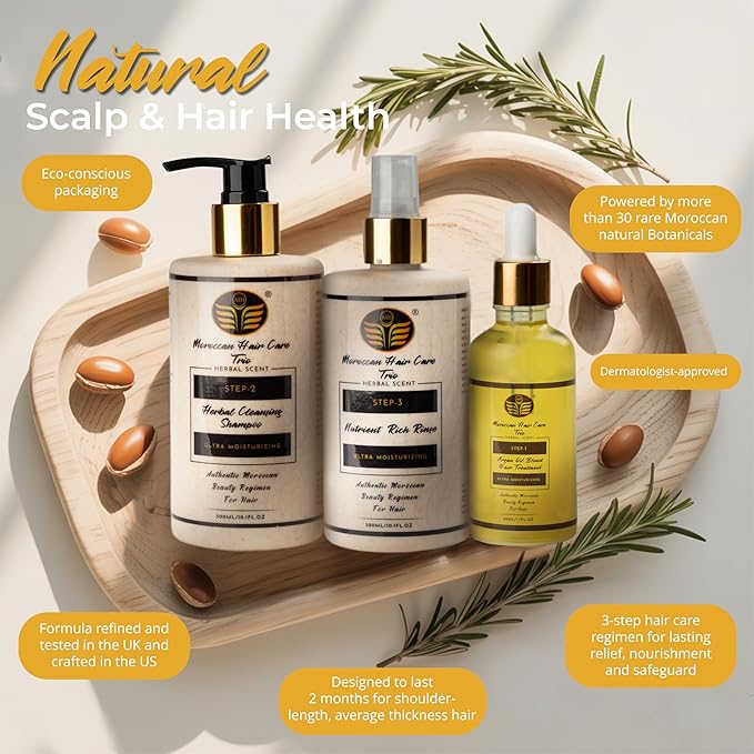 Dry Scalp Treatment Argan Oil Shampoo and Conditioner Set, Moroccan Hair Care Trio for Itchy Flaky Irritated Scalp, Moisturizing Rinse for Curly, Straight, Damaged Hair, Sulfate Free, 2–3 Month Supply