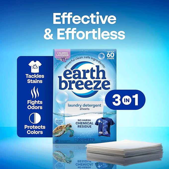 Earth Breeze Laundry Detergent Sheets Calming Lavender - 60 Loads - Eco Laundry Sheets - Travel Laundry Soap Sheets for Hot & Cold Cycles - Tackles Tough Stains & Odors - Gentle on Skin, 30 Ct