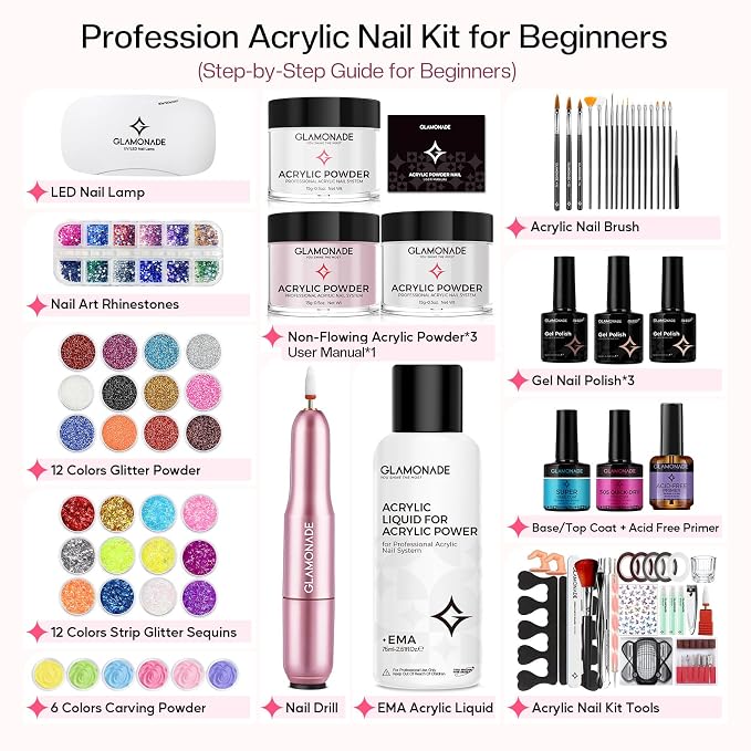 Glamonade Acrylic Nail Kit for Beginners: Professional Acrylic Nail Kit Set with Everything with Drill Powder Nail Art Starter Tech Kit at Home Salon Gift