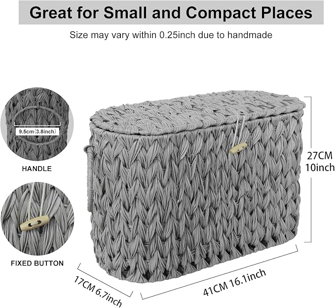 Coeusy Toilet Paper Storage Basket with Lid,Wicker Toilet Paper Holder Stand,Narrow Decorative Woven Bathroom Basket Organizer,Free Standing Grey