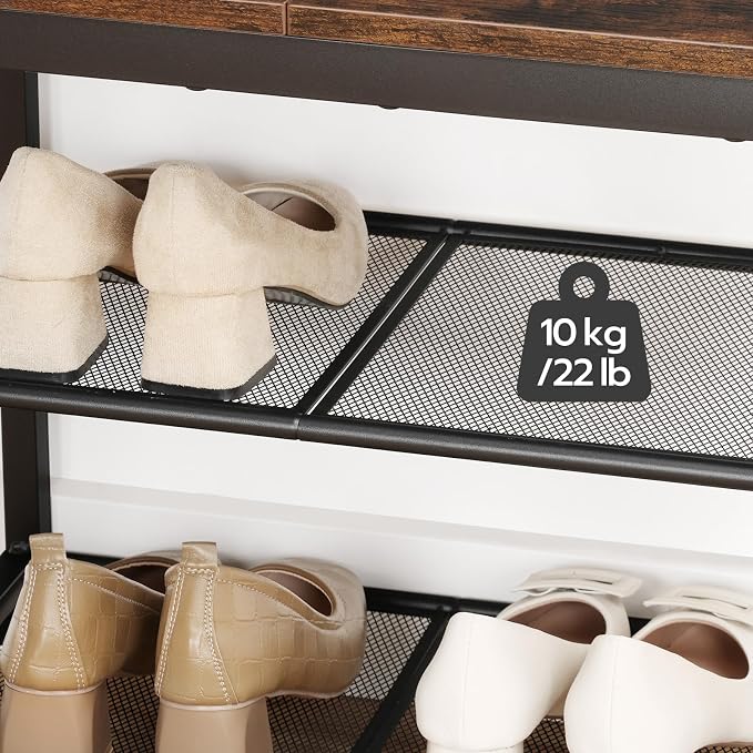 HOOBRO Shoe Bench, 3-Tier Shoe Rack, Industrial Shoe Organizer Storage Bench, 19.7 inches Entry Bench with Mesh Shelves, for Entryway, Living Room, Hallway, Easy Assembly, Rustic Brown BF50HX01