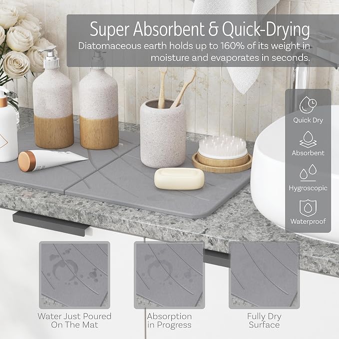 LARGE | PREMIUM | Stone Dish Mat + Bamboo Rack | 24” x 16” | Foldable (Light Gray)