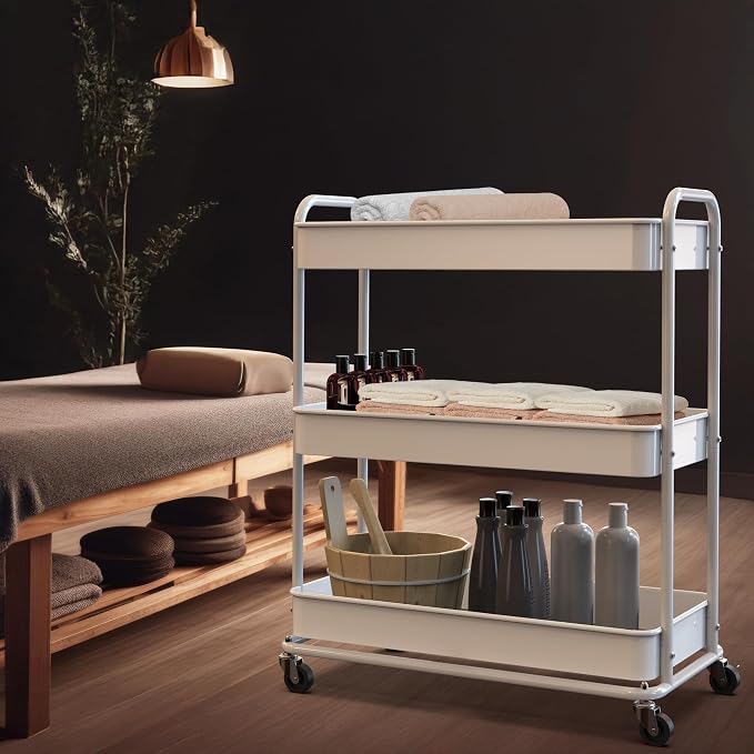 Simple Houseware 26" Extra-Wide 3-Tier Heavy Duty Metal Utility Cart, White | High-Capacity Rolling Cart Organizer for Spa, Salon, Office, and Home Storage