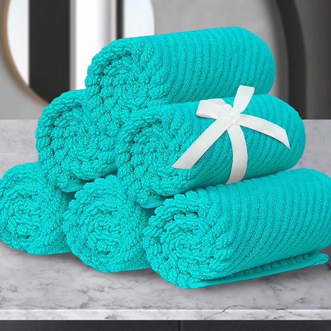 VOOVA & MOVAS Washcloths 6PC, 100% Cotton, 13x13 in, Turquoise | Thick, Quick Dry, Soft, Absorbent, Luxury Towels For Face, Fluffy Wash Cloths, Towel Gift Set