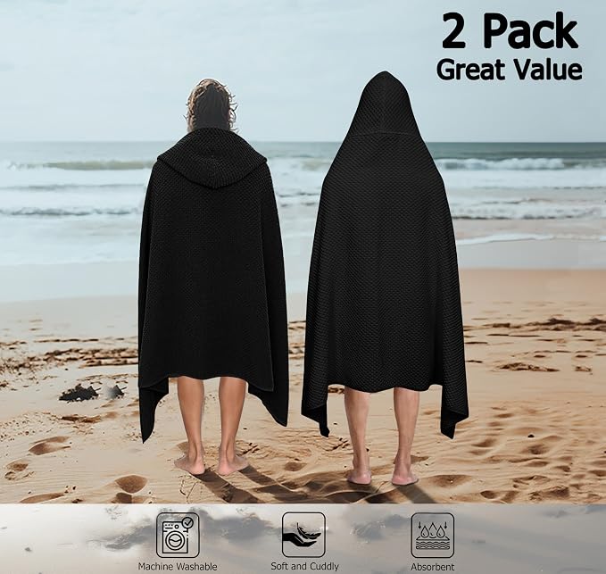 COTTON CRAFT Hooded Bath Towel for Adults – 2 Pack 100% Cotton Bath Sheet | Waffle Weave Oversized 35x70 inch Ringspun Terry Bath Wrap with a hood - Soft Super Absorbent Quick Dry – 450 GSM – Black