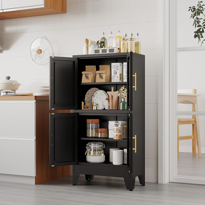 GAIOUS 47.25" Metal Storage Cabinet, Black Kitchen Food Cabinet with 4 Door | and 2 Adjustable Shelves, Freestanding Bathroom Cabinet, Pantry for Kitchen Dinning Room Bathroom, Cupboard, Food Storage