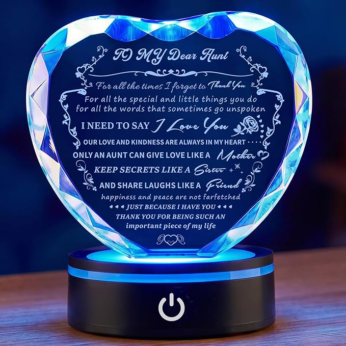 Gifts for Aunt, Auntie Gift Ideas, Heart-Shaped Crystal Keepsake with Light Base, Birthday, Thanksgiving Day, Christmas Gift for Aunt from Nephew, Best Aunt Ever Gifts