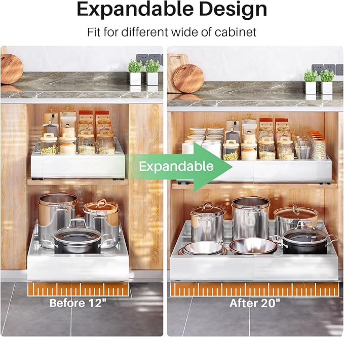 Pull out Cabinet Organizer, 6-pack, Expandable(12"-20") Heavy Duty Slide out Drawers Fixed with Adhesive Nano Film for Pots, Roll out Shelf Storage for Kitchen Base Cabinet Organization(3 Rails)