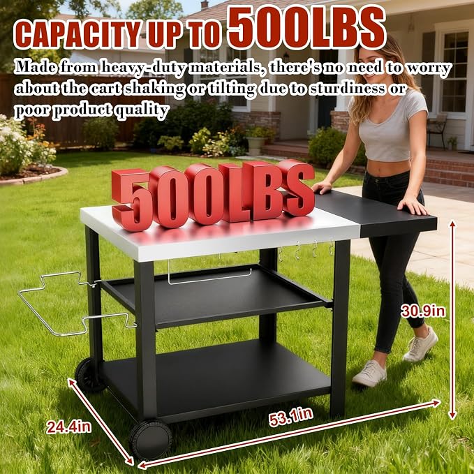 Outdoor Kitchen Island Cart with Side Table | 3-shelf movable prep station for Ninja Woodfire, Blackstone griddles and pizza ovens