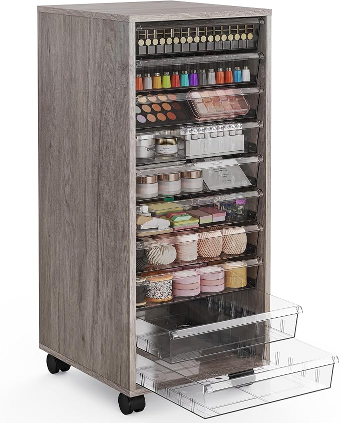 WOPITUES Storage Drawer Cart, Mobile Storage Cabinet, Makeup Storage with 10 Large Clear Drawers, Utility Wooden Rolling Cart on Wheels, for Cosmetic, Art Craft, Office Supplies, Toy, Grey