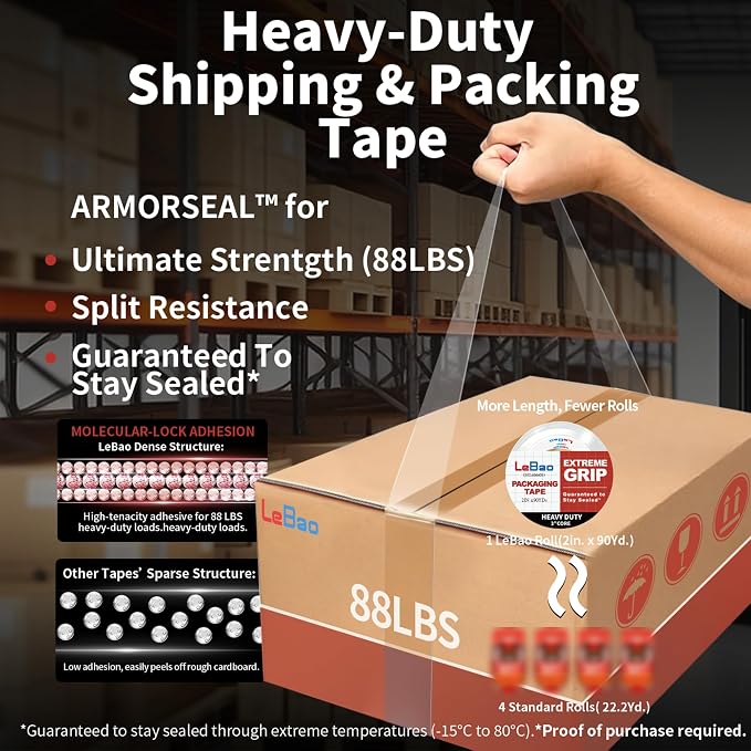 Heavy Duty Packing Tape with Dispenser, 6 Rolls Clear Shipping Tape 2 Inch x 90 Yards x 2.8 Mil Thickness, Strong Adhesive for Moving Boxes & Packages Supplies