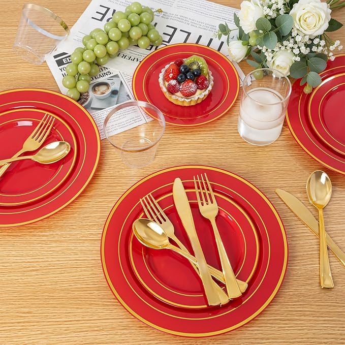 WDF Partyware 350Pieces Red Plastic Plates with Gold Rim Include 50Dinner Plate 10inch 50Dessert Plate 7inch 50 gold Cups 9 OZ, 50 Pre Rolled Napkins for Wedding/Birthday/Christmas/Party