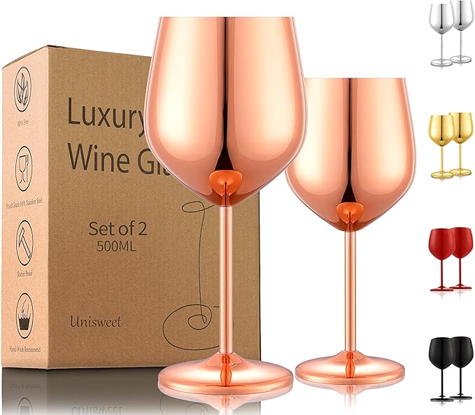 UNISWEET Unbreakable Stainless Steel Wine Glasses Set of 2, Rose Gold | 17oz Unique Fancy Metal Wine Goblets, Shatterproof, Ideal for Outdoor, Camping, Travel, Pool, Great Gift for Wine Lovers