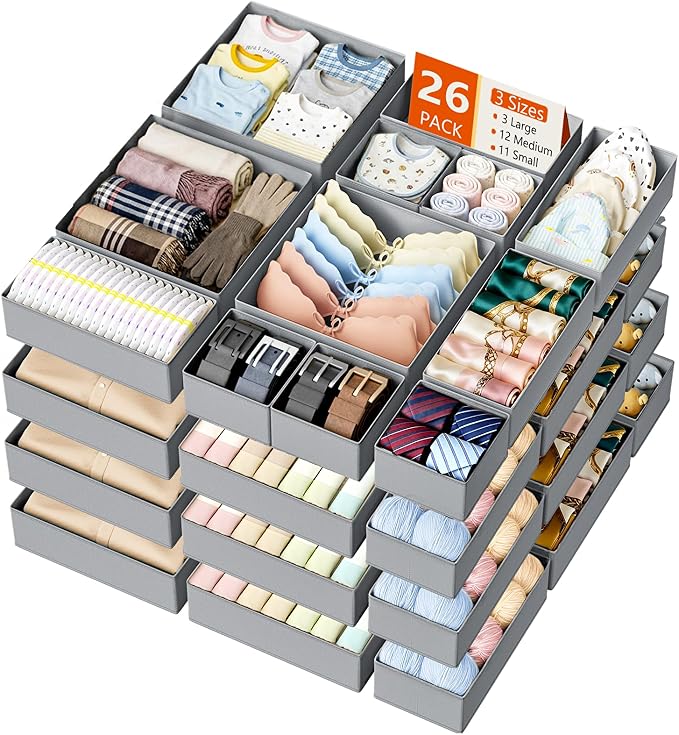 DIMJ Drawer Organizer Clothes- 26 Pack Baby Dresser Organizer for Nursery, Small Fabric Closet Drawer Organizer Bins for Underwears Socks, Foldable Storage Dividers Organization for Bedroom