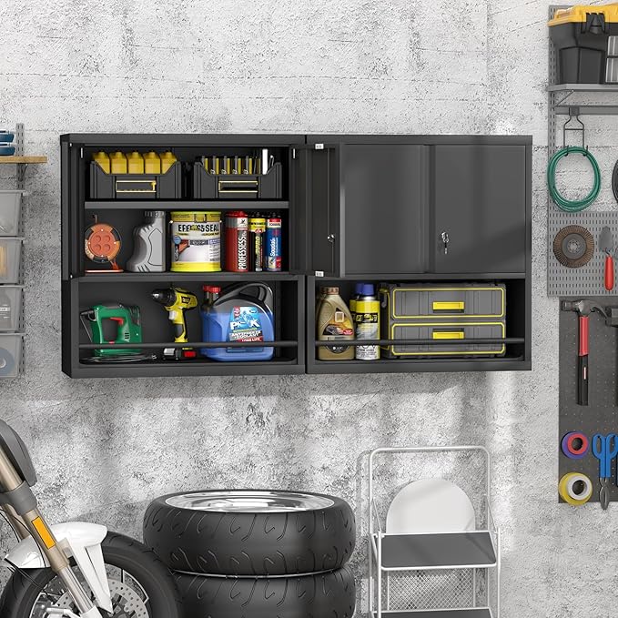 GREATMEET 31" H Metal Garage Storage Cabinets with Doors and Shelves, Lockable Storage Cabinet with Lock, Black Hanging Cabinets for Wall, Wall Mount Cabinet for Utility Room
