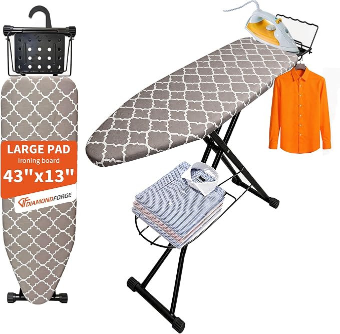 Ironing Board, 43"×13" with Iron Rest, 7 Adjustable Height & Clothes Shelf | Iron Board with Bulit-in Hook and Hanger Bar, 4 Layer Heat Resistant Cover and Pad for Home Apartment Dorm Laundry Room, Gray