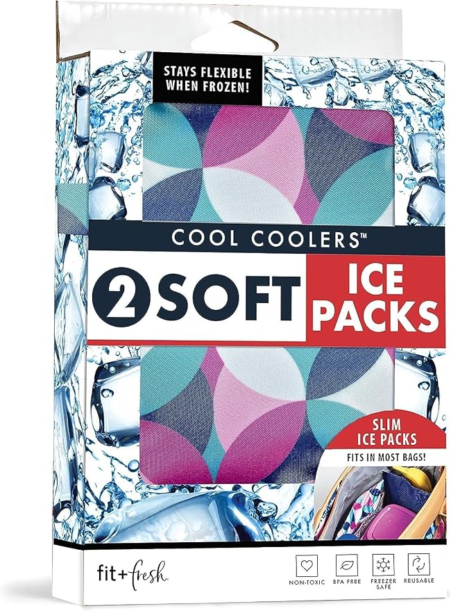 Fit&Fresh Cool Coolers Soft Ice for Lunch Bags,Flexible Stretch Nylon,Durable,Reusable Lunch Box Ice Packs,Soft_Ice,Reusable Freezer Packs,Lunch_Ice,Easy to Clean,Geo&Navy,2 Count (Pack of 8)