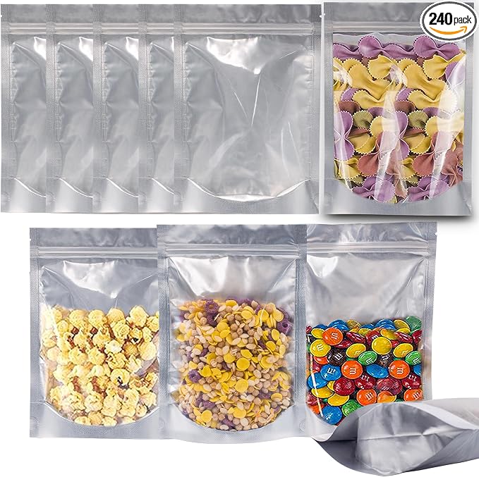 Wisesorb 1 Quart 240 Packs Mylar Bags For Food Storage, 7"x 10" Mylar Bags With Window, Freeze Dried Candy Bags, Reusable Storage Bags For Food, Mylar Food Storage Bags for Long Term Food Storage
