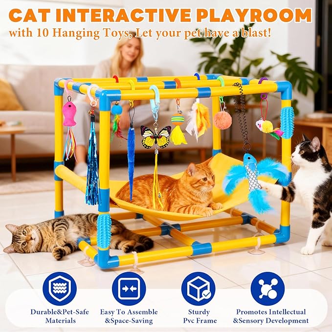Cat Jungle Gym With Hanging Interactive Toys,Hammock Cat Activity Center For Kittens With Cat Self Groomer,Removable PVC Frame With Colored Spring Rope, Cat Enrichment Toys For Bored Indoor Adult Cats