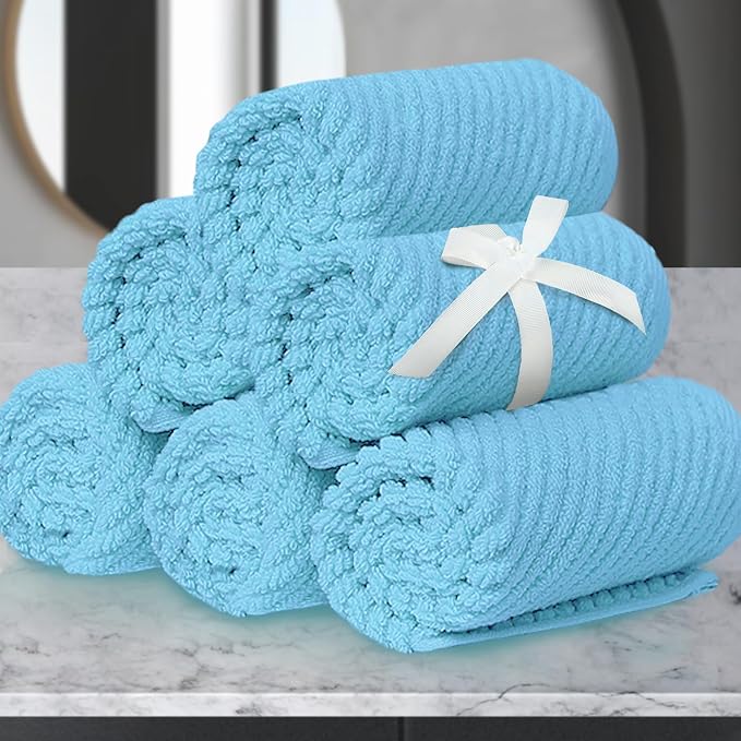 VOOVA & MOVAS Washcloths 6PC, 100% Cotton, 13x13 in, Baby Blue | Thick, Quick Dry, Soft, Absorbent, Luxury Face Towel Gift Set, Great For Spa, Home, Holiday Gift