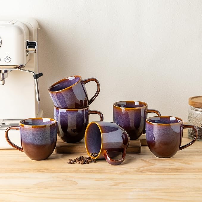 theterra Ceramic Coffee Mugs Set of 6, 12oz Handmade Coffee Cups with Handle for Latte, Tea, Milk, Beer, Hot Cocoa, Amber Amethyst
