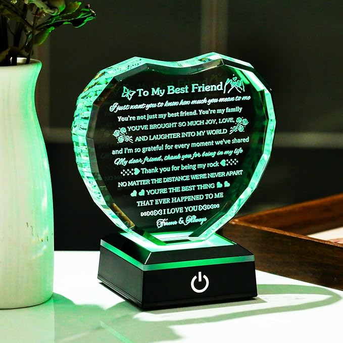 Arikyrist Best Friend Birthday Gifts with LED Base Crystal Heart Friendship BFF Gifts for Women Best Friend Bestie Gift Ideas for Women Gift for Female Friends on Christmas Wedding Valentine's Day