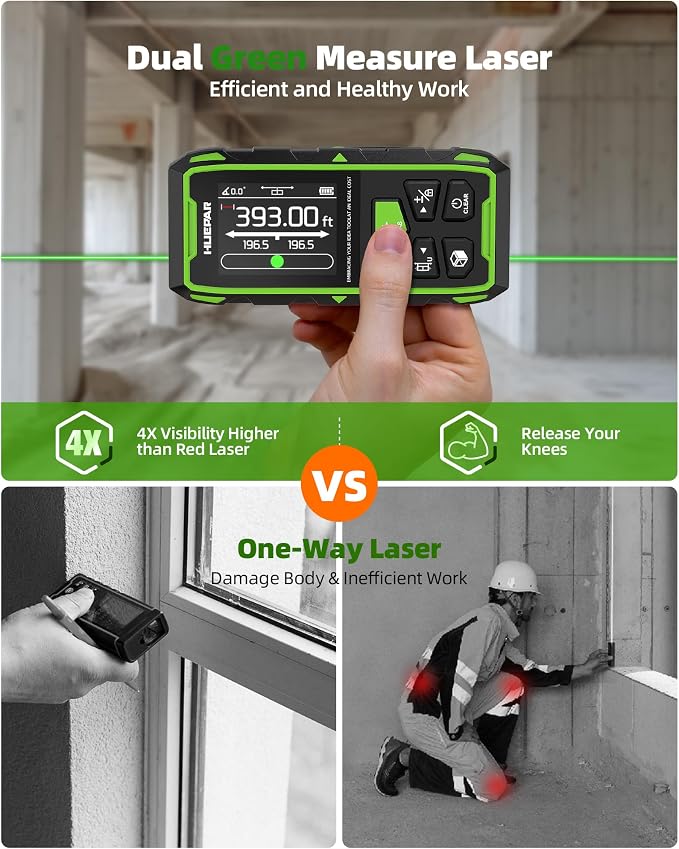 Huepar Dual Laser Measuring Tool, Fathers Day Dad Gifts, 393Ft Green-Beam Bilateral Digital Laser Distance Measure 6-Unit Ft/In/M, Rechargeable Laser Measurement Tool-Backlit LCD Display, Angle Sensor