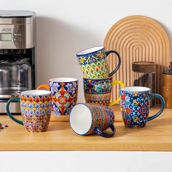 vancasso SIMI 16 oz Large Coffee Mugs Set of 6 – Bohemian Ceramic Cups with Handle, Perfect for Latte, Tea, Hot Chocolate, Dishwasher & Microwave Safe Ideal Gift
