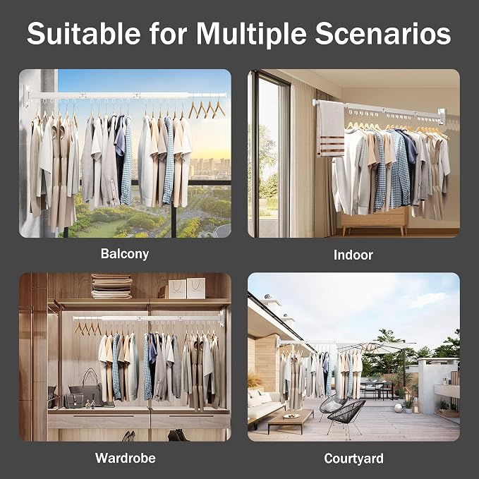 Wall Mounted Foldable Clothes Drying Rack, Heavy Duty 3-Fold Laundry Airer with Ring Hook Design, Space Saving Aluminum Rack for Balcony Bathroom Laundry Room,White Rings