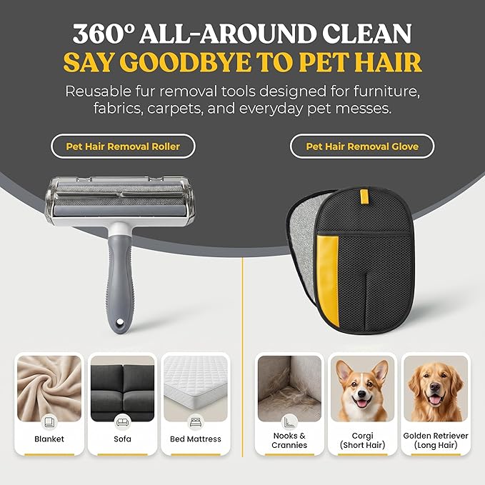 A&O Pet Hair Remover Set for Cats & Dogs – Grooming Gloves & Reusable Lint Roller Combo – Dog Cat Fur Remover for Furniture, Couch, Carpet, Clothes & Car Seats – Washable Electrostatic Deshedding Tool