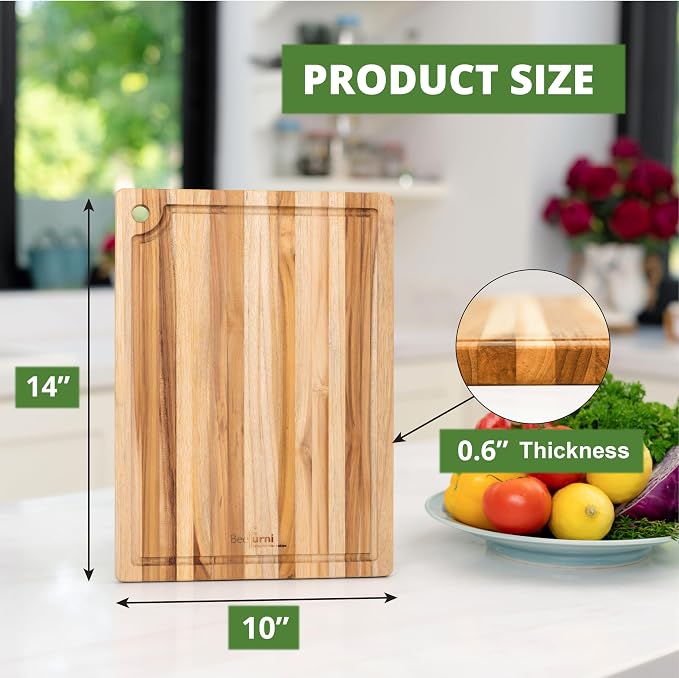 Teak Wood Board with Juice Groove & Hanging Hole (14x10x0.6") | Durable non-toxic wooden chopping & serving board for kitchen. Compact size, easy to hang & store. Gift box included
