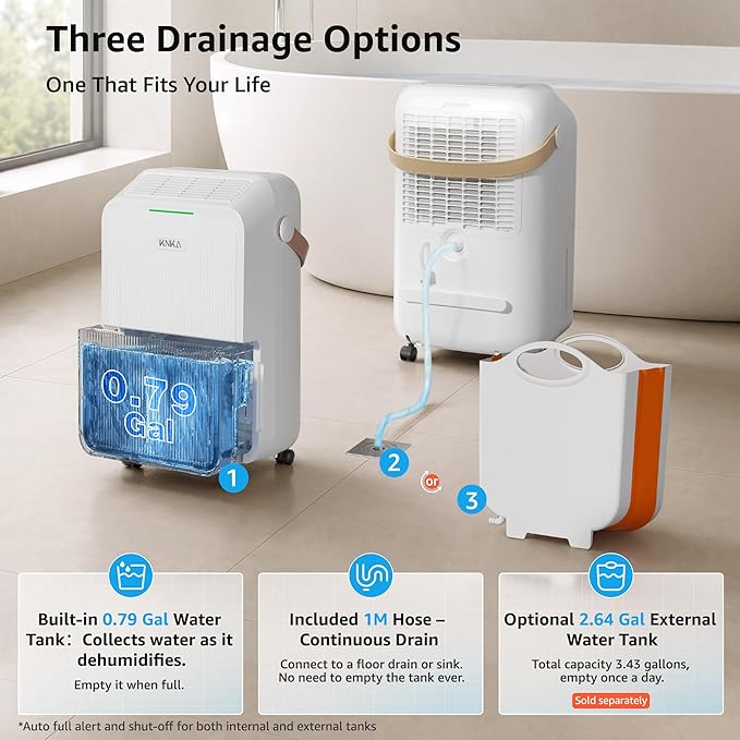 KNKA 2500 Sq.Ft Dehumidifier for Basement with Drain Hose Max 34 Pints, Dehumidifiers for Home, Bedroom, Bathroom, Large Room, Three Modes, Intelligent Humidity Control, Dry Clothes, 24HR Timer
