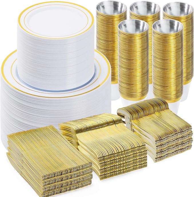 BESTVIP 900PCS Gold Dinnerware Set for 150 Guests, Plastic Plates for Party, 150 Gold Disposable Plates, 150 Dessert Plates, 150 Cups, 150 Spoons, 150 Forks and 150 Knives