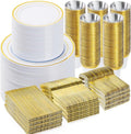 BESTVIP 900PCS Gold Dinnerware Set for 150 Guests, Plastic Plates for Party, 150 Gold Disposable Plates, 150 Dessert Plates, 150 Cups, 150 Spoons, 150 Forks and 150 Knives
