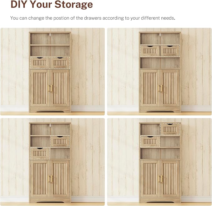 Iwell Tall Storage Cabinet, Fluted Cabinet with 2 Drawers & Adjustable Shelf, Bathroom Storage Cabinet, Kitchen Pantry Storage Cabinet, for Living Room, Dining Room, Home Office, Natural Oak